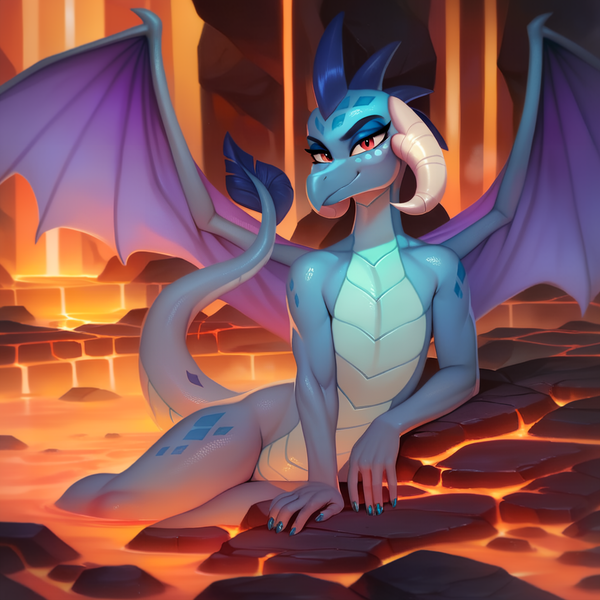 Size: 2048x2048 | Tagged: safe, ai content, derpibooru import, machine learning generated, stable diffusion, princess ember, dragon, bedroom eyes, cave, dragoness, draw me like one of your french girls, female, fingernails, g4, generator:pony diffusion v6 xl, high res, image, lava, lava pool, leaning, looking at you, png, prompter:tyto4tme4l, rock, seductive pose, smiling, smiling at you, solo, spread wings, tail, wings