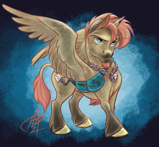 Size: 2922x2700 | Tagged: safe, artist:aerosaur83, derpibooru import, oc, alicorn, pony, alicorn oc, facial hair, fanny pack, goatee, high res, horn, image, jpeg, locket, male, solo, unshorn fetlocks, wings