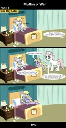 Size: 1920x3688 | Tagged: safe, artist:platinumdrop, derpibooru import, derpy hooves, dinky hooves, nurse redheart, earth pony, pegasus, pony, unicorn, comic:muffin o' war, 3 panel comic, abuse, bandage, bed, blanket, blind, blinded, clothes, comic, commission, crying, derpybuse, dialogue, dinkybuse, distressed, female, filly, floppy ears, foal, frown, furniture, g4, hat, hospital, hospital bed, hospital gown, hospital room, hug, image, indoors, injured, lamp, looking at each other, looking at someone, mare, mother and child, mother and daughter, mucus, nightstand, nurse, nurse hat, onomatopoeia, open mouth, pain, pillow, png, room, sad, sad pony, sound effects, speech bubble, talking, teary eyes, tissue, tissue box, trio, trio female, worried
