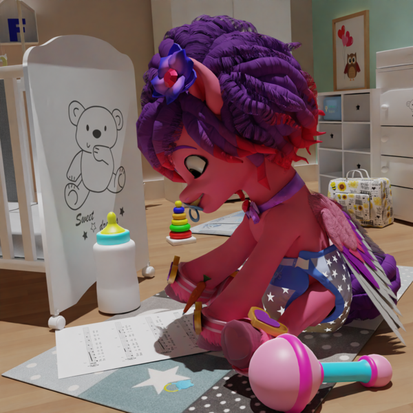 Size: 2160x2160 | Tagged: questionable, artist:northern haste, derpibooru import, pegasus, pony, g5, my little pony: make your mark, 3d, adult foal, baby bottle, blender, blender cycles, crib, diaper, diaper fetish, fetish, image, messy diaper, music notes, nursery, png, poofy diaper, rattle, ruby jubilee, sheet music, wet diaper
