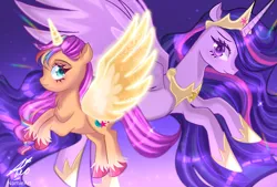 Size: 1748x1181 | Tagged: safe, artist:namieart, derpibooru import, princess twilight 2.0, sunny starscout, twilight sparkle, twilight sparkle (alicorn), alicorn, pony, g5, my little pony: a new generation, the last problem, crown, g4, hoof shoes, image, jewelry, older, older twilight, older twilight sparkle (alicorn), png, race swap, regalia, sunny and her heroine, sunnycorn