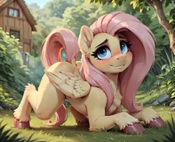 Size: 4096x3328 | Tagged: safe, ai content, derpibooru import, machine learning generated, prompter:raif, stable diffusion, fluttershy, pegasus, pony, ass up, blushing, chest fluff, crossed hooves, ear fluff, feathered wings, fluffy, g4, generator:easyfluff v11.2, grass, grass field, hooves, image, nature, outdoors, png, raised tail, tail, wings