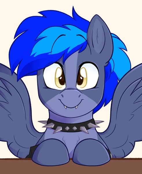 Size: 1601x1957 | Tagged: safe, artist:slushpony, derpibooru import, oc, oc:proffy floyd, unofficial characters only, pegasus, pony, choker, fangs, image, jpeg, looking at you, male, spiked choker, stallion