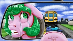 Size: 1024x578 | Tagged: semi-grimdark, artist:amalgamzaku, derpibooru import, oc, unofficial characters only, crying, hooves, image, implied death, mirror, png, rear view mirror, school bus