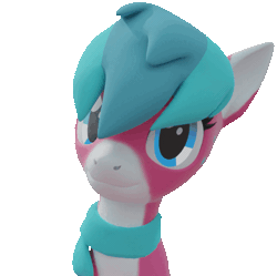Size: 482x480 | Tagged: safe, artist:lithus, derpibooru import, oc, oc:snowby, unofficial characters only, pony, 3d, animated, blender, blender cycles, blinking, blue eyes, blue mane, clothes, floppy ears, gif, image, looking at you, pink body, scarf, simple background, smiling, smiling at you, solo, sway, transparent background, white body
