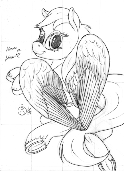 Size: 870x1200 | Tagged: safe, artist:sepiakeys, derpibooru import, derpy hooves, pony, heart wings, image, monochrome, png, solo