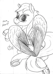 Size: 870x1200 | Tagged: safe, artist:sepiakeys, derpibooru import, derpy hooves, pony, heart wings, image, monochrome, png, solo