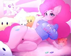 Size: 1280x1005 | Tagged: suggestive, artist:grach449, derpibooru import, pinkie pie, anthro, blushing, breasts, busty pinkie pie, candy, clothes, cutie mark, female, food, g4, image, indoors, jpeg, looking at you, lying down, panties, plushie, poster, shirt, side, smiling, smiling at you, solo, solo female, thong, underwear