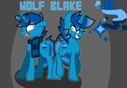 Size: 749x518 | Tagged: safe, derpibooru import, oc, oc:wolf blake, backstory in description, clothes, cutie mark, evil grin, gray background, grin, image, oc villain, png, scared, scarf, simple background, smiling