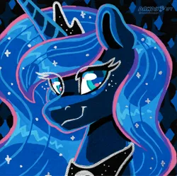 Size: 3540x3528 | Tagged: safe, artist:dandy, derpibooru import, princess luna, alicorn, pony, acrylic painting, bust, eye clipping through hair, female, horn, image, jewelry, looking at you, png, portrait, regalia, smiling, solo, sparkly mane, traditional art