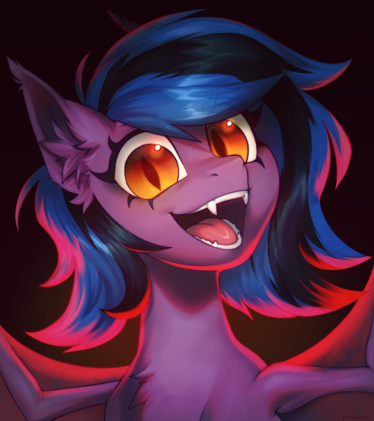 Size: 4000x4500 | Tagged: safe, artist:helemaranth, derpibooru import, oc, oc:stormy night, bat pony, pony, 2024, bat pony oc, bat wings, bust, happy, image, png, portrait, red light, shading, wings