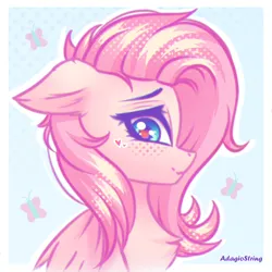 Size: 2000x2000 | Tagged: safe, artist:adagiostring, derpibooru import, fluttershy, pegasus, pony, bust, chest fluff, cute, female, fur, image, png, portrait, shy, simple background, solo, solo female