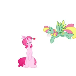 Size: 540x540 | Tagged: safe, artist:shiningwish, derpibooru import, banana bliss, lovestruck, pegasus, pony, unicorn, arrow, bananastruck, blushing, colored wings, cute, female, heart arrow, image, jpeg, lesbian, letter, love letter, multicolored wings, shipping, simple background, white background, wings