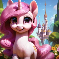 Size: 1024x1024 | Tagged: safe, ai content, derpibooru import, machine learning generated, prompter:maresforever, stable diffusion, princess celestia, pony, unicorn, canterlot castle, female, filly, filly celestia, foal, g4, generator:purplesmart.ai, image, pink-mane celestia, png, smiling, solo, young celestia, younger