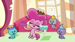 Size: 1280x720 | Tagged: safe, derpibooru import, screencap, pinkie pie, unnamed character, unnamed pony, earth pony, pony, my little pony: pony life, pinkie pie: hyper-helper, spoiler:pony life s01e06, baby, baby pony, colt, eyes closed, female, filly, foal, image, male, mare, png, smiling