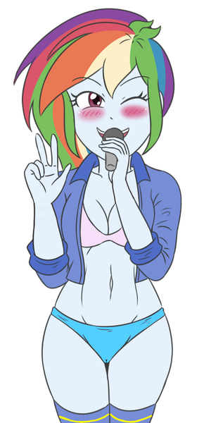 Size: 1379x2854 | Tagged: suggestive, artist:sumin6301, derpibooru import, edit, editor:mlplove, rainbow dash, human, equestria girls, blue panties, blue socks, blushing, blushing profusely, bra, breasts, busty rainbow dash, clothes, embarrassed, embarrassed underwear exposure, eyebrows, eyebrows visible through hair, female, image, looking at you, microphone, no gloves, one eye closed, panties, peace sign, pink bra, png, shy, simple background, solo, solo female, standing, stupid sexy rainbow dash, thighs, tomboy, underwear, underwear edit, white background, wink, winking at you