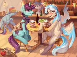 Size: 6667x5000 | Tagged: safe, artist:charlot, derpibooru import, rainbow dash, oc, oc:cogwheel, oc:haven sympony, oc:lumin light, pegasus, pony, unicorn, alcohol, bag, beer, blushing, clothes, colored wings, commission, complex background, drink, drinking, horn, image, multicolored hair, multicolored wings, pegasus oc, png, scarf, sitting, smiling, table, talking, tavern, unicorn oc, wings