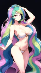 Size: 512x912 | Tagged: suggestive, ai content, derpibooru import, machine learning generated, princess celestia, human, belly button, big breasts, bikini, black background, breasts, busty princess celestia, cleavage, clothes, erect nipples, female, hand on head, humanized, image, looking at you, nipple outline, png, simple background, solo, solo female, swimsuit