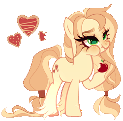Size: 1822x1798 | Tagged: safe, artist:gihhbloonde, derpibooru import, oc, unnamed oc, unofficial characters only, earth pony, pony, adoptable, animated, apple, chewing, eating, female, food, freckles, gif, gradient legs, green eyes, hoof hold, image, lightly watermarked, magical lesbian spawn, mare, nose wrinkle, offspring, parent:applejack, parent:sweet biscuit, parents:biscuitjack, ponytail, raised hoof, scrunchy face, simple background, solo, standing, transparent background, unshorn fetlocks, watermark