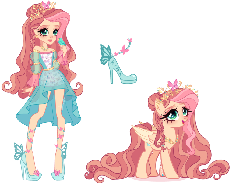 Size: 4119x3245 | Tagged: safe, artist:gihhbloonde, derpibooru import, bird, human, pegasus, pony, braid, clothes, crossover fusion, crown, cyan eyes, dress, ear piercing, earring, ever after high, female, folded wings, fusion, fusion:ashlynn ella, fusion:fluttershy, hair bun, high heels, image, jewelry, lightly watermarked, long hair, long mane, long tail, mare, necklace, open mouth, open smile, piercing, png, regalia, shoes, simple background, smiling, standing, tail, transparent background, watermark, wings