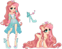 Size: 4119x3245 | Tagged: safe, artist:gihhbloonde, derpibooru import, bird, human, pegasus, pony, braid, clothes, crossover fusion, crown, cyan eyes, dress, ear piercing, earring, ever after high, female, folded wings, fusion, fusion:ashlynn ella, fusion:fluttershy, hair bun, high heels, image, jewelry, lightly watermarked, long hair, long mane, long tail, mare, necklace, open mouth, open smile, piercing, png, regalia, shoes, simple background, smiling, standing, tail, transparent background, watermark, wings