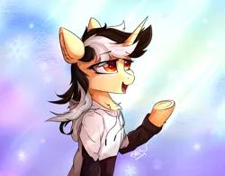 Size: 1250x973 | Tagged: safe, artist:行豹cheetahspeed, derpibooru import, oc, oc:autumn trace, unofficial characters only, pony, unicorn, black and white mane, clothes, eye clipping through hair, eyebrows, eyebrows visible through hair, female, hoodie, image, lidded eyes, light, mare, open mouth, orange eyes, png, raised hoof, simple background, smiling, snow, wind, yellow skin