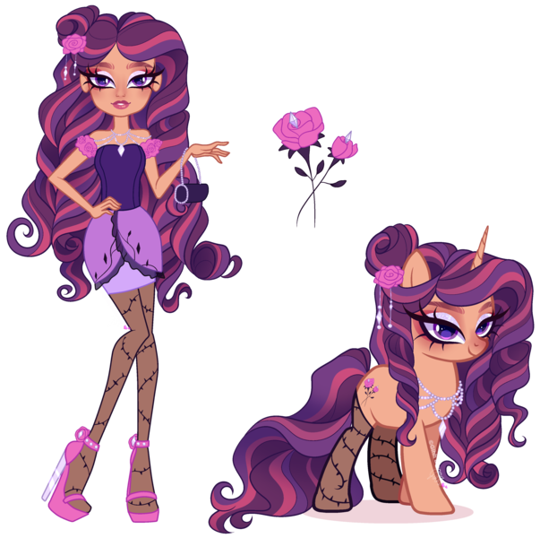 Size: 3216x3201 | Tagged: safe, artist:gihhbloonde, derpibooru import, human, pony, unicorn, closed mouth, clothes, crossover fusion, dress, ever after high, eyeshadow, female, fusion, fusion:briar beauty, fusion:rarity, hair bun, hand on hip, high heels, image, jewelry, lidded eyes, lipstick, looking at you, makeup, mare, necklace, png, pose, purple eyes, purse, ringlets, shoes, simple background, smiling, socks, standing, stockings, thigh highs, transparent background