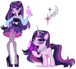 Size: 3378x3093 | Tagged: safe, artist:gihhbloonde, derpibooru import, human, pony, unicorn, closed mouth, clothes, crossover fusion, dress, ever after high, eyeshadow, female, fusion, fusion:raven queen, fusion:twilight sparkle, hand on hip, high heels, horn, image, lipstick, long hair, long horn, long mane, long tail, looking at you, magic, makeup, mare, png, purple eyes, purple lipstick, raised hoof, shoes, simple background, smiling, standing, tail, transparent background