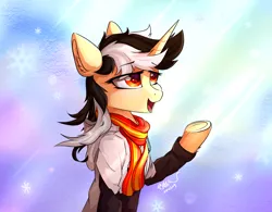 Size: 1250x973 | Tagged: safe, alternate version, artist:行豹cheetahspeed, derpibooru import, oc, oc:autumn trace, unofficial characters only, pony, unicorn, black and white mane, clothes, eye clipping through hair, eyebrows, eyebrows visible through hair, female, hoodie, image, lidded eyes, light, mare, open mouth, orange eyes, png, raised hoof, red scarf, scarf, simple background, smiling, snow, wind, yellow skin