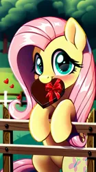 Size: 808x1440 | Tagged: safe, ai content, derpibooru import, machine learning generated, stable diffusion, fluttershy, pegasus, pony, blushing, box of chocolates, cute, fence, g4, generator:pony diffusion v6 xl, green eyes, heart, holiday, image, jpeg, looking at you, mouth hold, outdoors, pink hair, prompt in description, prompter:marusame, shyabetes, solo, standing on two hooves, tree, valentine's day, yellow fur