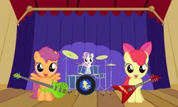 Size: 1024x616 | Tagged: suggestive, artist:rydercash14, derpibooru import, apple bloom, scootaloo, sweetie belle, earth pony, pegasus, pony, unicorn, drum kit, drums, electric guitar, female, filly, foal, guitar, image, love makes the world go round, musical instrument, png, stage, the powerpuff girls