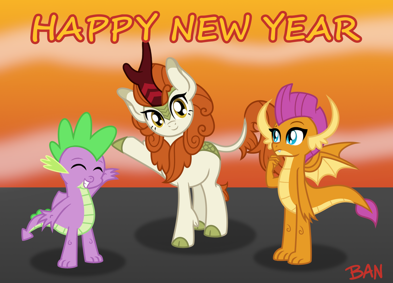 Size: 2500x1800 | Tagged: safe, artist:banquo0, derpibooru import, autumn blaze, smolder, spike, dragon, kirin, chinese new year, eyes closed, image, looking at you, png, raised hoof, smiling, text, winged spike, wings