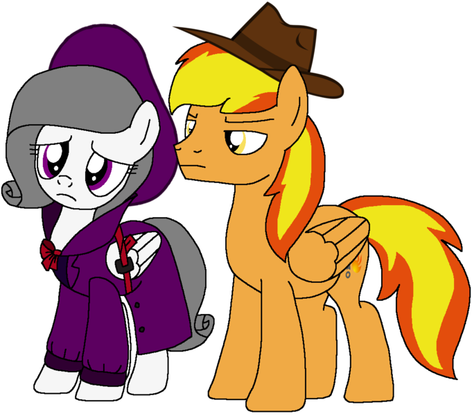 Size: 1102x971 | Tagged: safe, artist:rydersimmer, derpibooru import, oc, oc:firey ratchet, oc:oliver spade, unofficial characters only, pony, clothes, duo, duo male and female, fedora, female, g4, hat, image, male, mare, png, simple background, stallion, transparent background, trenchcoat