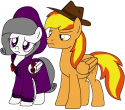 Size: 1102x971 | Tagged: safe, artist:rydersimmer, derpibooru import, oc, oc:firey ratchet, oc:oliver spade, unofficial characters only, pony, clothes, duo, duo male and female, fedora, female, g4, hat, image, male, mare, png, simple background, stallion, transparent background, trenchcoat