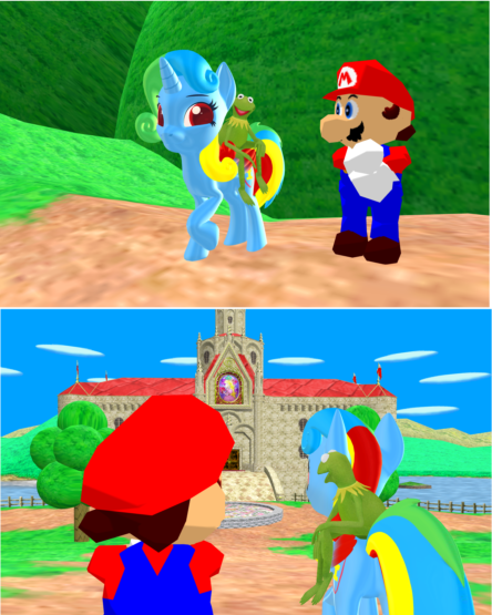 Size: 444x555 | Tagged: safe, artist:puzzlshield2, derpibooru import, oc, oc:puzzle shield, alicorn, pony, 2 panel comic, 3d, comic, crossover, female, image, kermit the frog, mare, mario, mmd, nintendo, plushie, png, story included, super mario 64, super mario bros., the muppets