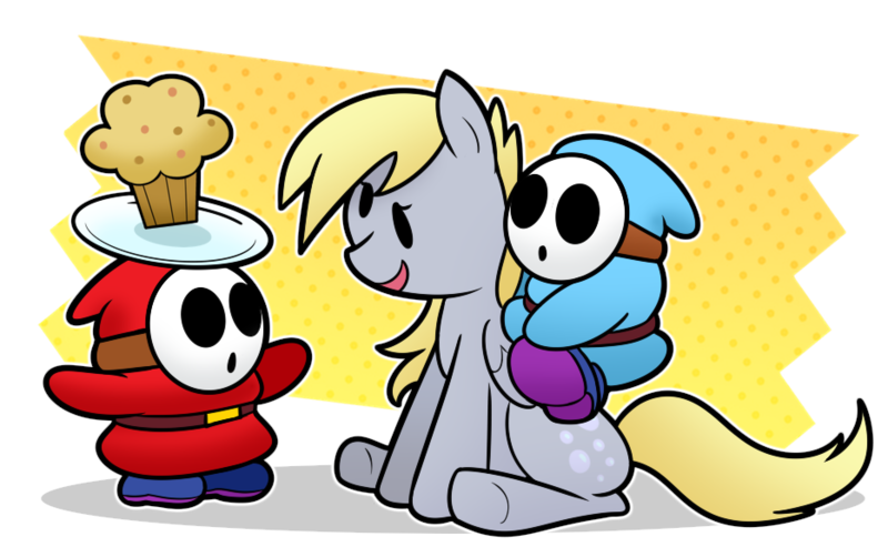 Size: 934x575 | Tagged: safe, artist:cookieboy011, derpibooru import, derpy hooves, pegasus, pony, shy guy, crossover, food, image, muffin, paper mario, png, simple background, super mario bros., transparent background