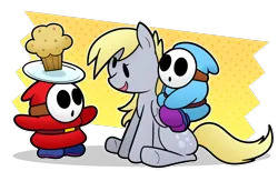 Size: 934x575 | Tagged: safe, artist:cookieboy011, derpibooru import, derpy hooves, pegasus, pony, shy guy, crossover, food, image, muffin, paper mario, png, simple background, super mario bros., transparent background