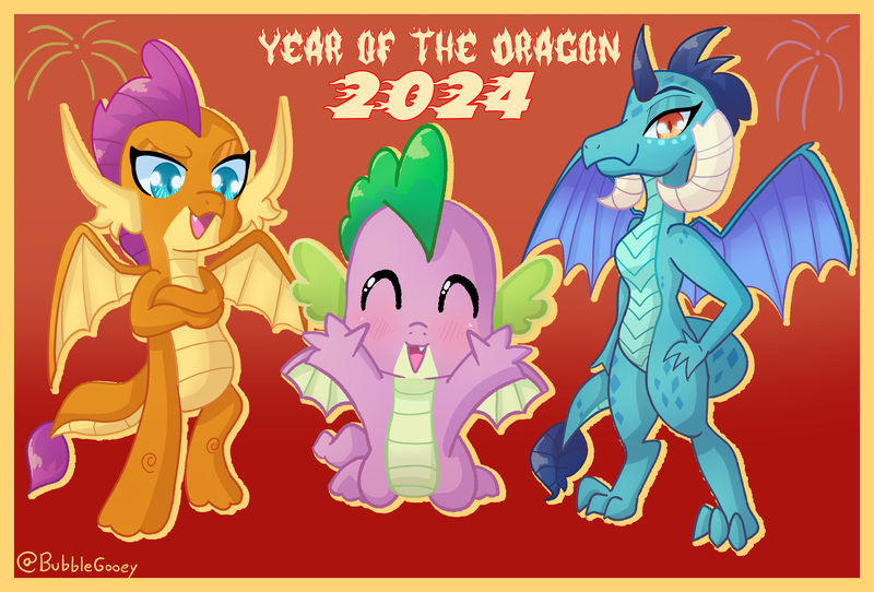 Size: 6200x4200 | Tagged: safe, artist:bubblegooey, derpibooru import, princess ember, smolder, spike, dragon, :d, ^^, absurd resolution, arms in the air, bipedal, blue eyes, blushing, chinese new year, claws, crossed arms, cute, dragon wings, dragoness, emberbetes, eyes closed, fangs, female, fireworks, g4, gradient background, hand on hip, happy new year, holiday, horns, horoscope, image, jumping, jumping towards you, lidded eyes, looking at someone, looking at you, lunar new year, male, open mouth, open smile, png, red background, red eyes, scales, signature, simple background, smiling, smiling at you, smolderbetes, snaggletooth, spikabetes, spread wings, standing, tail, text, trio, winged spike, wings, year of the dragon
