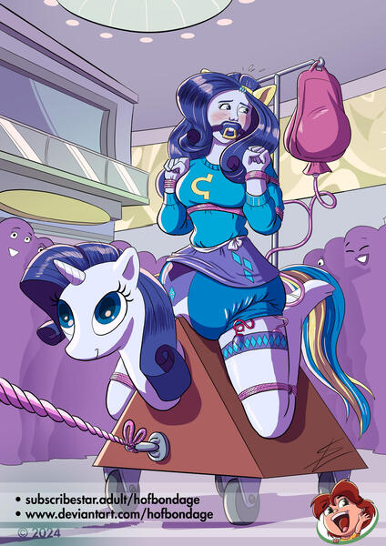 Size: 1280x1811 | Tagged: questionable, artist:hofbondage, derpibooru import, rarity, human, unicorn, equestria girls, abdl, blushing, bondage, bondage furniture, breasts, busty rarity, clothes, commission, crowd, diaper, diaper bondage, diaper fetish, emanata, enema bag, female, fetish, g4, headband, helpless, humiliation, image, jpeg, knee tied, mall, pacifier, pacifier gag, pony ears, ponytail, poofy diaper, public humiliation, rope, rope bondage, sex toy, silhouette, skirt, socks, solo focus, sweat, sweatdrops, sweater, thigh highs, vibrator, wondercolts, wondercolts uniform, wooden horse