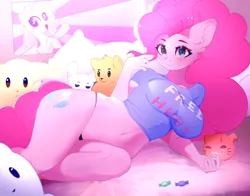 Size: 3874x3040 | Tagged: suggestive, artist:grach449, derpibooru import, pinkie pie, anthro, earth pony, belly button, blushing, breasts, busty pinkie pie, candy, clothes, cutie mark, female, food, g4, image, indoors, looking at you, lying down, midriff, panties, plushie, png, poster, sexy, shirt, side, smiling, smiling at you, solo, solo female, thong, underwear