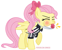 Size: 1100x889 | Tagged: safe, artist:jennieoo, derpibooru import, fluttershy, pegasus, pony, advertisement, blowing whistle, blushing, bow, commission, emanata, eyes closed, image, patreon, patreon preview, png, ponytail, puffy cheeks, referee, ribbon, show accurate, simple background, solo, transparent background, vector, whistle