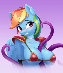 Size: 2000x2300 | Tagged: suggestive, artist:junglemango, derpibooru import, rainbow dash, anthro, pegasus, armor, breasts, busty rainbow dash, gritted teeth, image, png, scared, teeth, tentacles, unconvincing armor