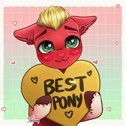 Size: 1247x1247 | Tagged: safe, artist:lailyren, derpibooru import, sprout cloverleaf, earth pony, pony, g5, blushing, commission, heart, image, male, png, signature, solo, stallion, text, ych result