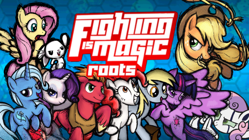 Size: 2048x1152 | Tagged: safe, artist:fimroots, derpibooru import, applejack, big macintosh, derpy hooves, fluttershy, rarity, sweetie belle, trixie, twilight sparkle, twilight sparkle (alicorn), alicorn, robot, fighting is magic, fan game, g4, image, logo, png, scooter (character), sweetie bot, thumbnail