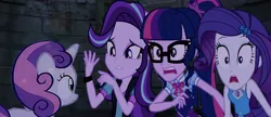 Size: 2038x883 | Tagged: safe, derpibooru import, edit, edited screencap, screencap, rarity, sci-twi, starlight glimmer, sweetie belle, twilight sparkle, human, pony, unicorn, equestria girls, equestria girls series, fomo, for whom the sweetie belle toils, mirror magic, road trippin, spoiler:eqg series (season 2), spoiler:eqg specials, brick wall, clothes, dress, female, filly, image, png, rarity peplum dress, shocked, sleeveless, sleeveless dress