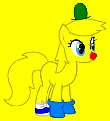 Size: 631x694 | Tagged: safe, artist:meiponkawaii, artist:spitfirethepegasusfan39, ponerpics import, ponified, earth pony, pony, adult blank flank, base used, blank flank, clothes, gloves, hat, image, male, mr. men, mr. men little miss, mr. nonsense, png, red nose, shoes, simple background, smiling, sneakers, solo, stallion, yellow background