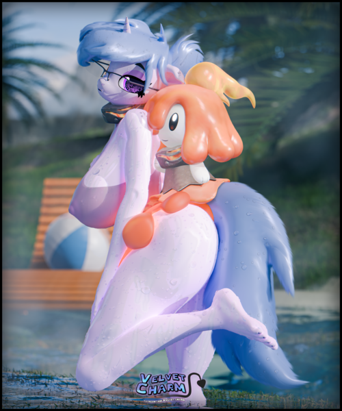 Size: 3200x3840 | Tagged: questionable, artist:velvetcharm, derpibooru import, oc, oc:steamy, anthro, plantigrade anthro, unicorn, 3d, blender, blender cycles, blurry background, clothes, cosplay, costume, crossover, curvy, cute, daaaaaaaaaaaw, duo, flambelle, horn, image, looking at each other, looking at someone, palworld, partially submerged, png, standing in water, steam, stupid sexy steamy, sultry pose, unicorn oc, water, water droplet, wet, wet mane