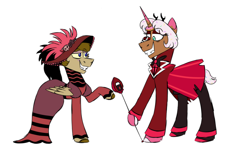 Size: 1800x1100 | Tagged: safe, artist:fuckomcfuck, derpibooru import, oc, oc:donut daydream, oc:doodles, unofficial characters only, pegasus, pony, unicorn, alastor, antlers, clothes, cosplay, costume, donut, dress, duo, duo male and female, fangs, female, food, hat, hazbin hotel, image, looking at each other, looking at someone, male, mare, pants, png, raised hoof, rosie, shoes, simple background, smiling, smiling at each other, stallion, transparent background