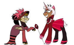Size: 1800x1100 | Tagged: safe, artist:fuckomcfuck, derpibooru import, oc, oc:donut daydream, oc:doodles, unofficial characters only, pegasus, pony, unicorn, alastor, antlers, clothes, cosplay, costume, donut, dress, duo, duo male and female, fangs, female, food, hat, hazbin hotel, image, looking at each other, looking at someone, male, mare, pants, png, raised hoof, rosie, shoes, simple background, smiling, smiling at each other, stallion, transparent background