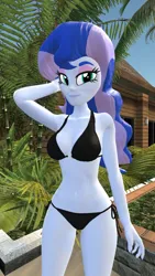 Size: 1080x1920 | Tagged: suggestive, artist:oatmeal!, derpibooru import, princess luna, human, equestria girls, 3d, arm behind head, belly button, bikini, black bikini, breasts, cleavage, clothes, gmod, image, looking at you, png, sexy, solo, standing, swimsuit, tropical, vice principal luna, wide hips